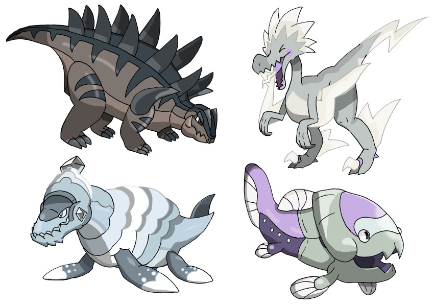 &gt;_&lt; absurdres alternate_color arctovish arctozolt black_eyes claws closed_mouth commentary_request dracovish dracozolt gen_8_pokemon highres nintendo no_humans open_mouth pokemon pokemon_(creature) saurasu shiny_pokemon simple_background spikes standing tongue white_background