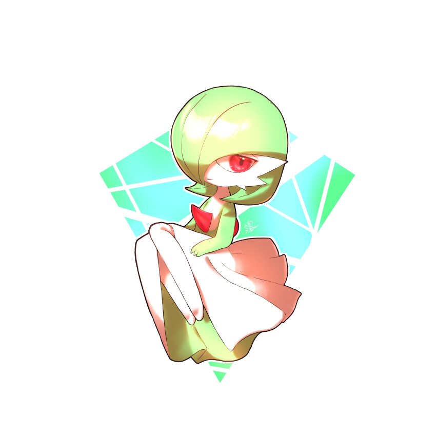 absurdres bob_cut colored_skin dress gardevoir gen_3_pokemon green_hair green_skin hair_over_one_eye highres looking_at_viewer multicolored_skin nintendo no_feet pink_eyes pokemon pokemon_(creature) s_(esumi_kihomaru) two-tone_skin white_dress white_skin