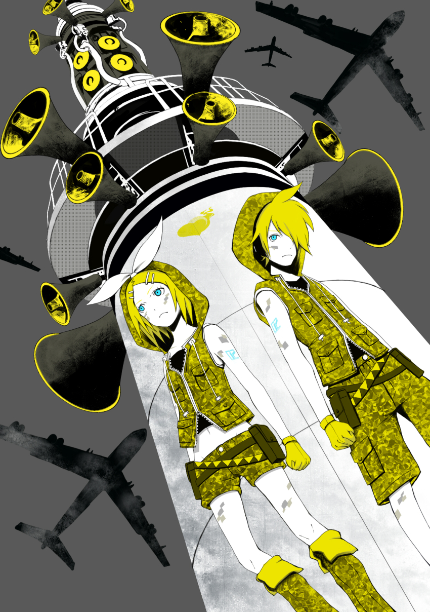 1boy 1girl aircraft airplane b-52_stratofortress blonde_hair blue_eyes brother_and_sister camouflage heavy_bomber highres hood jacket kagamine_len kagamine_rin koi_wa_sensou_(vocaloid) megaphone navel penetrator_(aircraft) ribbon siblings strategic_bomber tower twins vocaloid yuun