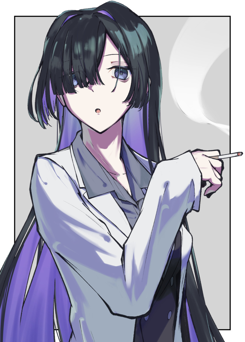 1girl :o a.i._voice black_hair blue_eyes border cigarette collarbone collared_shirt colored_inner_hair grey_background grey_shirt hair_intakes hair_over_one_eye hand_up highres holding holding_cigarette jacket long_hair long_sleeves looking_at_viewer multicolored_hair one_eye_covered open_collar open_mouth outside_border purple_hair shirt sidelocks simple_background sleeves_past_wrists smoke smoke_trail solo straight_hair suit_jacket teckinder upper_body white_border white_jacket yogatari_tobari