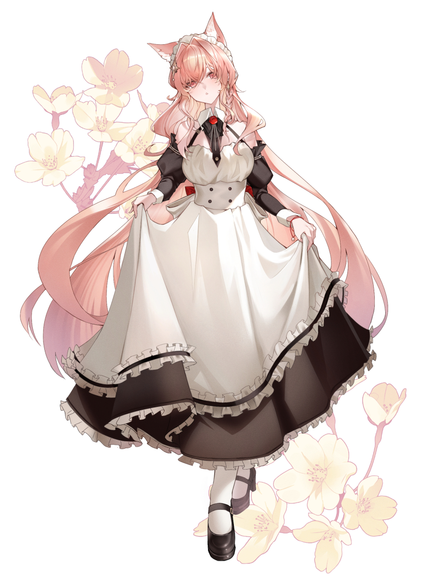 1girl acsuck animal_ears arknights breasts dress highres maid pink_hair pozyomka_(arknights) red_eyes solo