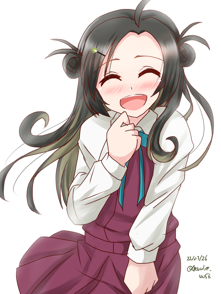 1girl ahoge aqua_bow aqua_bowtie black_hair blue_bow blue_bowtie blue_ribbon blush bow bowtie dated double_bun dress closed_eyes forehead green_hair hair_bun halterneck highres kantai_collection long_hair makinami_(kancolle) multicolored_hair neck_ribbon open_mouth pleated_dress purple_dress ribbon sawatani_(chevalier_04056) shirt simple_background smile twitter_username upper_body white_background white_shirt