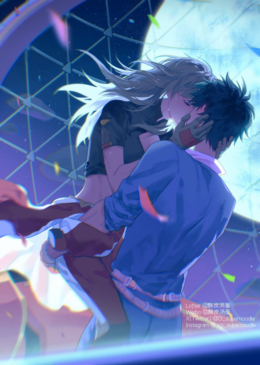 1boy 1girl artist_name back belt black_hair black_shirt blue_jacket blue_moon blue_pants blue_sky brown_belt closed_eyes clothing_cutout dan_heng_(honkai:_star_rail) gradient_sky grey_hair hair_between_eyes hands_on_another&#039;s_face hands_up hetero highres honkai:_star_rail honkai_(series) jacket kiss long_hair mian_spnoodle moon official_alternate_costume pants purple_sky red_pants shirt short_hair short_sleeves sidelocks sky space star_(sky) starry_sky stelle_(galactic_grand_prix)_(honkai:_star_rail) stelle_(honkai:_star_rail) sweat t-shirt trailblazer_(honkai:_star_rail)