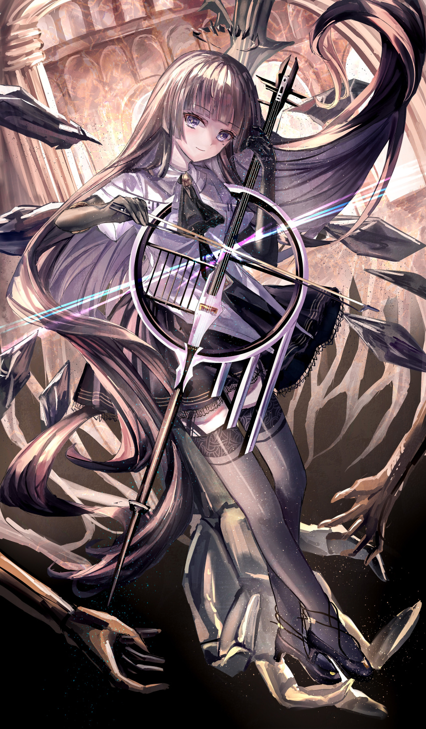 1girl absurdres arknights ascot black_ascot black_gloves black_halo black_shoes black_skirt black_thighhighs blunt_bangs bow_(music) brown_hair closed_mouth collared_shirt disembodied_hand elbow_gloves fantasy full_body gloves halo high_heels highres holding holding_bow_(music) light_particles light_smile long_hair looking_at_viewer magic purple_eyes shirt shoes short_sleeves skirt solo standing suzushina thighhighs twitter_username very_long_hair virtuosa_(arknights) watermark white_shirt