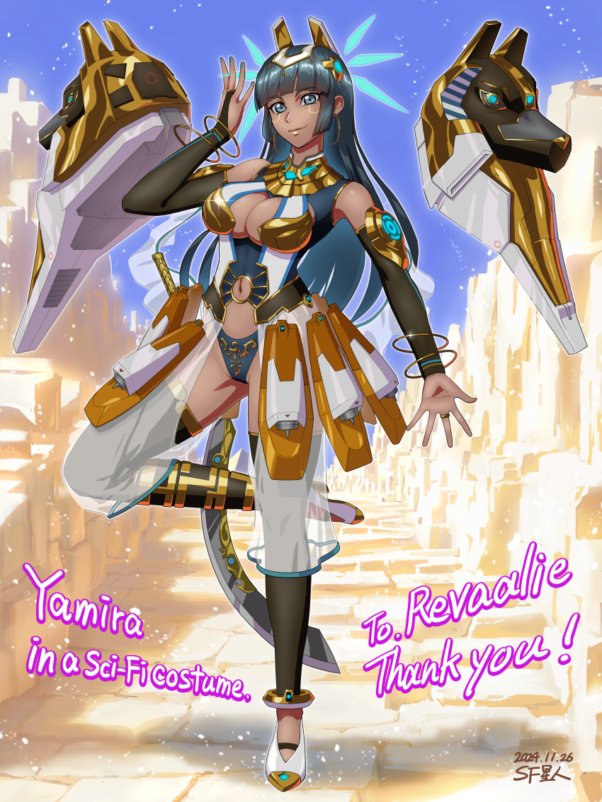 1girl absurdres ancient_egyptian black_hair blue_eyes bracelet breasts bridal_gauntlets commentary_request commission dark-skinned_female dark_skin earrings egypt elbow_gloves floating floating_object full_body gloves gold highres hoop_earrings jewelry khopesh long_hair looking_at_viewer mecha_musume medium_breasts navel original saran_wrap_(sf_seijin) science_fiction see-through_clothes skeb_commission solo stairs standing standing_on_one_leg