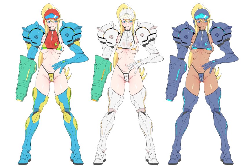 1girl alternate_costume armor bikini blonde_hair blush breasts cameltoe female_focus female_pubic_hair full_body highres metroid navel nintendo ponytail pubic_hair samus_aran sideboob simple_background smile solo standing string_bikini super_smash_bros. swimsuit underboob white_background xxzero