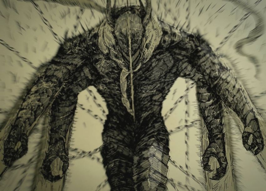 1girl blurry blurry_background chain chainsaw chainsaw_devil chainsaw_man epeulu_(ate5424) extra_arms facing_viewer hatching_(texture) intestine_clothing intestines linear_hatching male_focus monochrome sharp_teeth simple_background teeth