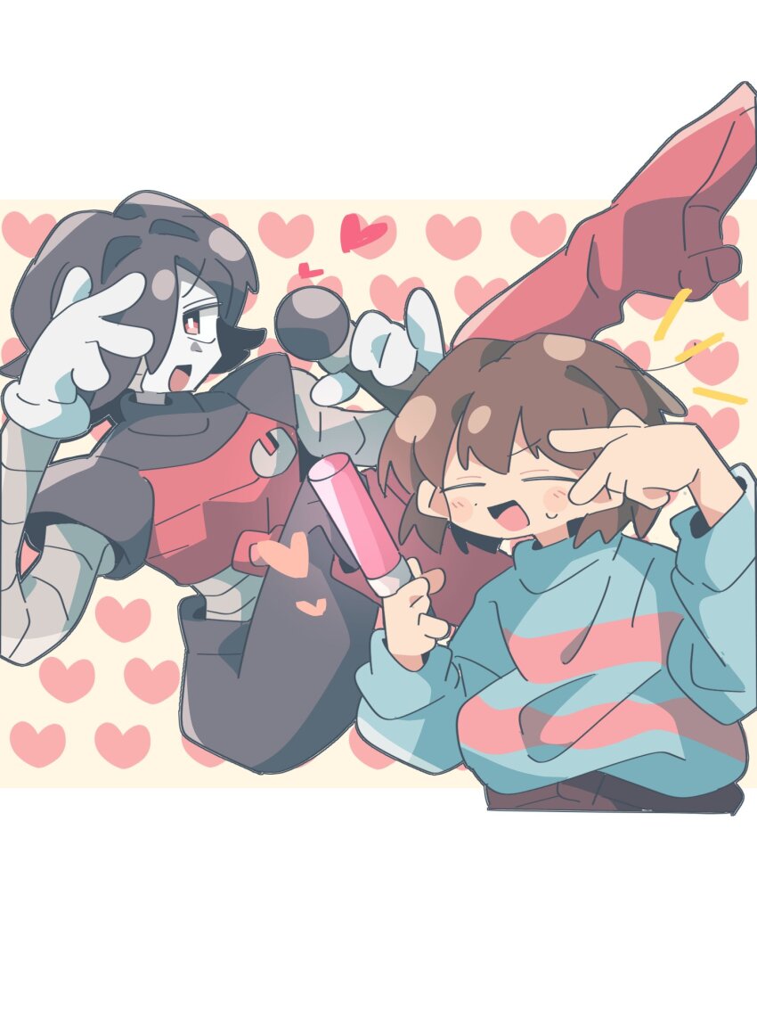 asechiruk black_hair blue_sweater boots brown_hair brown_shorts colored_skin frisk_(undertale) glowstick heart highres holding holding_glowstick mechanical_arms mettaton mettaton_ex microphone music open_mouth outside_border pink_boots robot shorts singing sweater undertale white_skin