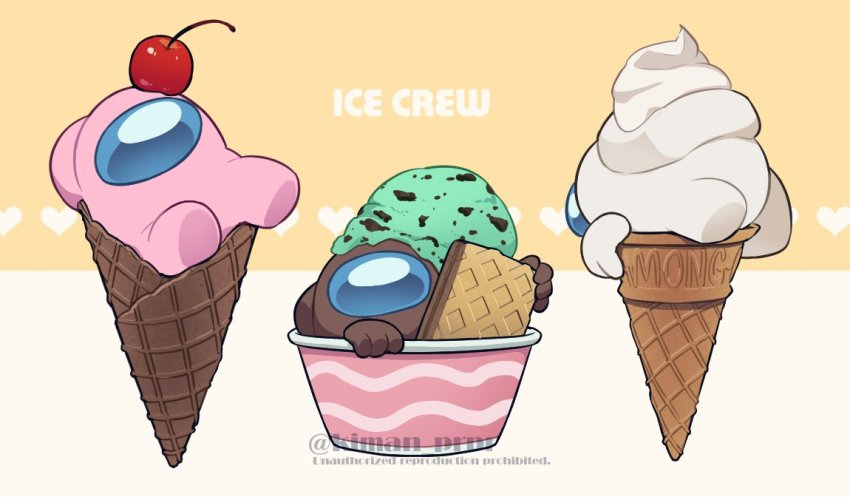 3others among_us black_(among_us) cherry commentary_request crewmate_(among_us) cup disembodied_hand english_text food food_on_head fruit heart heart_background helmet ice_cream ice_cream_cone ice_cream_cup kiman multiple_others object_on_head pink_(among_us) space_helmet spacesuit twitter_username two-tone_background wafer_stick watermark whipped_cream white_(among_us)