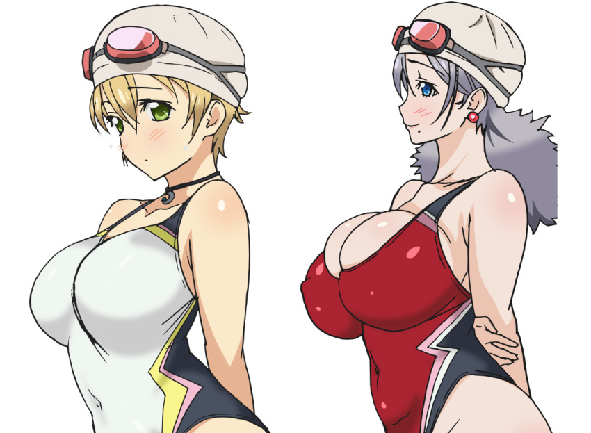2girls arms_behind_back ass blonde_hair blue_eyes blush boku_to_misaki-sensei breasts bursting_breasts reference_sheet competition_swimsuit concept_art earrings goggles green_eyes huge_breasts jewelry large_breasts looking_at_viewer misaki-sensei misaki_to_mika-sensei multiple_girls navel necklace official_art one-piece_swimsuit production_art shiny_skin short_hair silver_hair smile standing swimsuit takami_akio