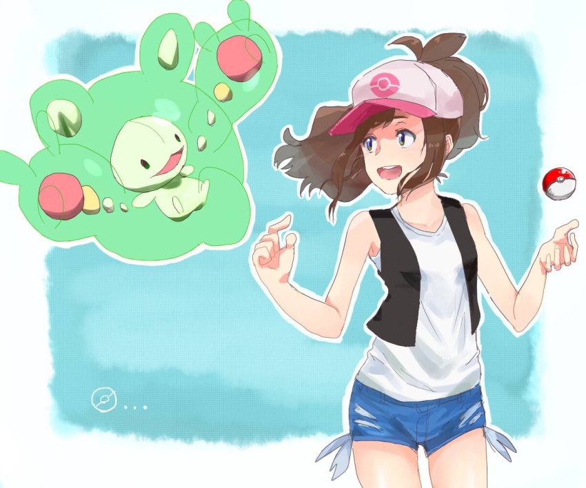 black_eyes brown_hair creatures_(company) game_freak hat hilda_(pokemon) minion nintendo open_mouth poke_ball pokemon ponytail shorts