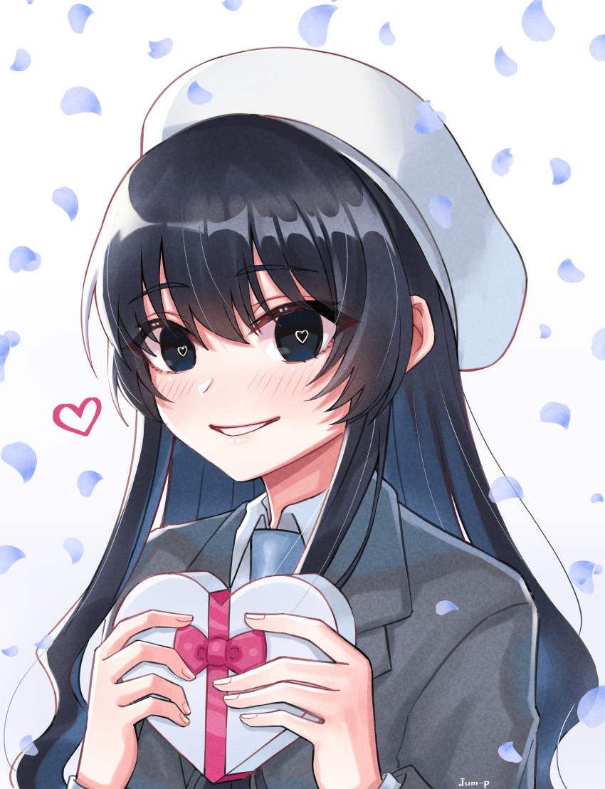 1girl absurdres artist_name beret black_eyes black_hair box box_of_chocolates commentary english_commentary falling_petals hair_between_eyes hat heart heart-shaped_box heart-shaped_pupils highres holding jacket jjum_pp kimi_no_koto_ga_dai_dai_dai_dai_daisuki_na_100-nin_no_kanojo long_hair parted_lips petals school_uniform smile solo symbol-shaped_pupils upper_body wavy_sidelocks white_hat zetsubouda_meru