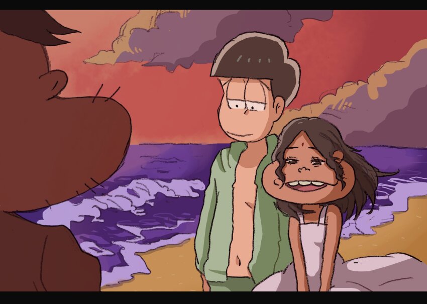 1girl 2boys amaizake beach bindi brown_hair couple dayoon dayoon_girl dress facial_hair hair_down highres hood hoodie letterboxed looking_down male_swimwear matsuno_choromatsu multiple_boys navel ocean open_clothes open_hoodie osomatsu-san osomatsu_(series) stubble sundress sunset v_arms
