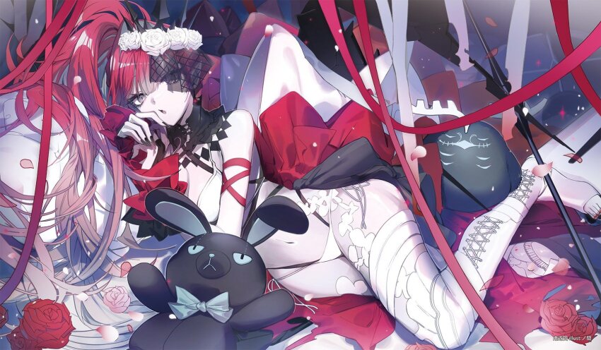1girl baobhan_sith_(fate) baobhan_sith_(swimsuit_pretender)_(third_ascension)_(fate) bare_shoulders bikini breasts bridal_gauntlets detached_collar earrings fate/grand_order fate_(series) grey_eyes highres jewelry large_breasts long_hair looking_at_viewer lying navel no-kan open_mouth pink_hair platform_heels pointy_ears side_ponytail solo stuffed_toy swimsuit veil white_bikini