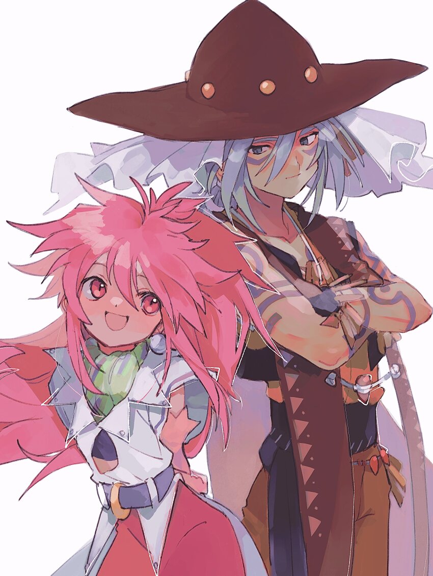 1boy 1girl absurdres arche_klein belt blue_eyes blue_hair brown_pants claus_f._lester crossed_arms earrings elbow_gloves facial_mark full-body_tattoo gloves hair_between_eyes hat highres jewelry leaning_forward long_hair looking_at_another mature_male nancykittyu open_mouth pants pink_eyes pink_hair pink_pants ponytail simple_background smile tales_of_(series) tales_of_phantasia tattoo white_background wide_ponytail