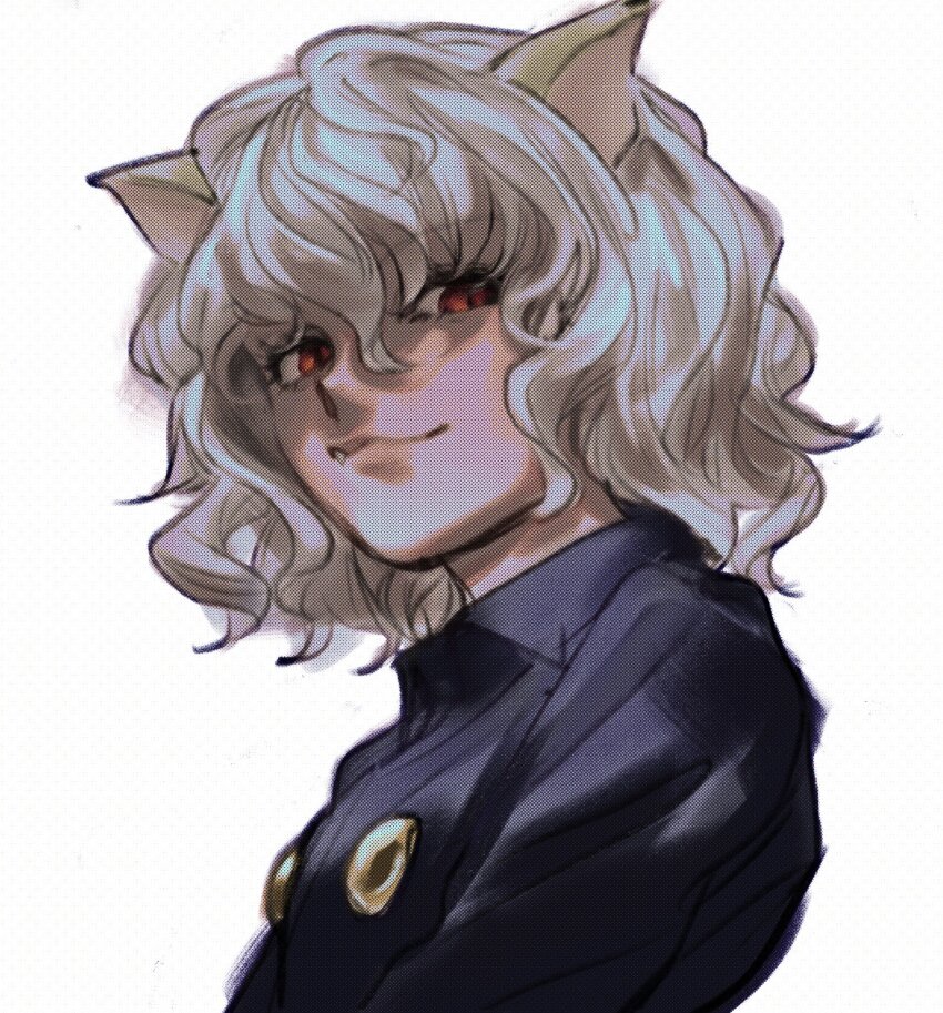 1other androgynous animal_ears bad_id bad_twitter_id black_shirt cat_ears collared_shirt curly_hair highres hoshiukidoki hunter_x_hunter looking_at_viewer neferpitou other_focus red_eyes shirt short_hair simple_background solo upper_body white_background white_hair