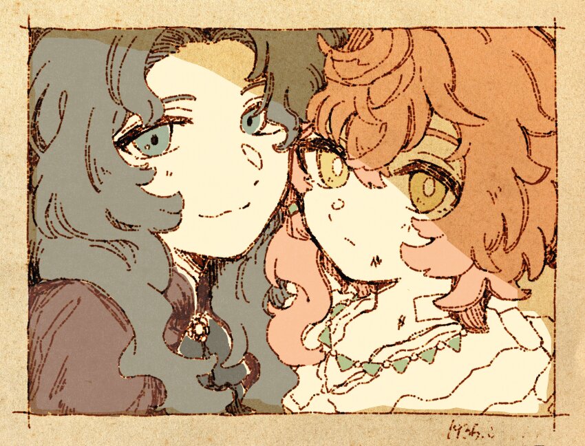 2girls :3 absurdres bandaged_neck bandages black_hair blue_eyes border brown_border brown_jacket dirty dirty_face face-to-face green_eyes highres jacket jiki_(jiki_9) long_hair looking_at_viewer lopera_(reverse:1999) messy_hair moldir_(reverse:1999) multiple_girls orange_hair parted_bangs reverse:1999 smile