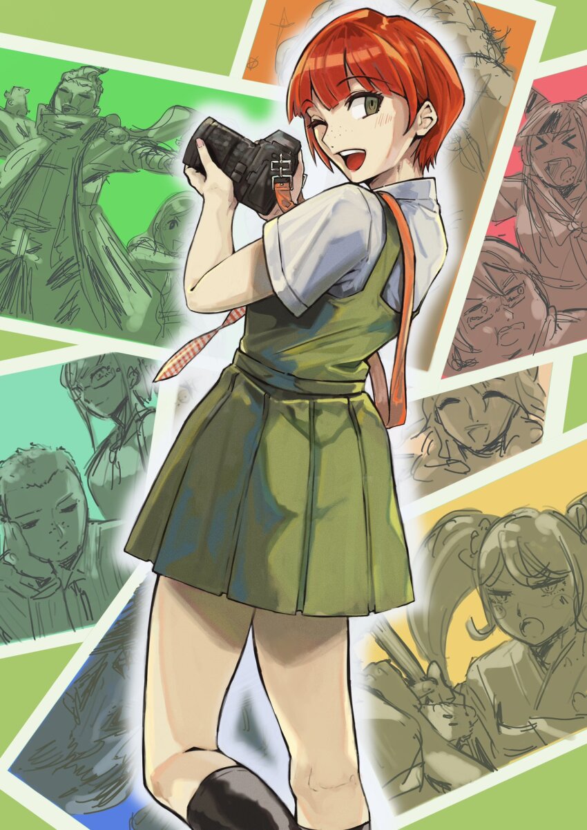 6+boys 6+girls :d :o :t ahoge aiming animal animal_hood animal_on_shoulder aqua_background bandana black_socks blue_background blush blush_stickers border breasts camera closed_mouth collared_shirt commentary crying dab_(dance) danganronpa_(series) danganronpa_2:_goodbye_despair dress dslr everyone eyelashes face_piercing feet_out_of_frame fighting foot_up freckles from_behind from_side glasses grabbing_another&#039;s_hair green_background green_dress green_eyes hair_horns hair_slicked_back hamster hanamura_teruteru hand_on_own_face highres hinata_hajime holding holding_animal holding_camera hood hood_up hoodie jacket japanese_clothes kimono kneehighs koizumi_mahiru komaeda_nagito kuzuryu_fuyuhiko lip_piercing lip_ring long_hair long_sleeves looking_at_another looking_at_viewer looking_back looking_to_the_side medium_breasts messy_hair mioda_ibuki multicolored_hair multiple_boys multiple_girls nanami_chiaki narrowed_eyes neck_ribbon necktie one_eye_closed open_mouth orange_background outline partially_colored pekoyama_peko photo_(object) piercing pinafore_dress pink_background pleated_dress ponytail pout rectangular_eyewear red_hair red_necktie ribbon saionji_hiyoko school_uniform sharp_teeth shirt short_hair short_sleeves sketch sleeveless sleeveless_dress smile socks soda_kazuichi solo_focus sparkle standing standing_on_one_leg strap streaked_hair swept_bangs tanaka_gundham tearing_up teeth togami_byakuya_(danganronpa_2) toki00002000 tsumiki_mikan twintails upper_teeth_only v v-shaped_eyebrows very_short_hair white_border white_necktie white_outline white_shirt yellow_background