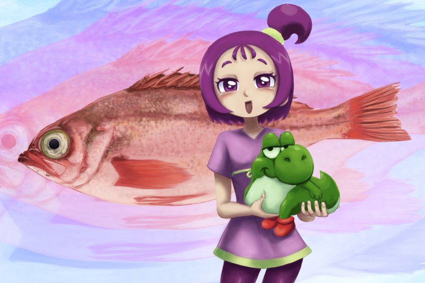 1girl 4chan :d absurdres baby_yoshi bike_shorts fish highres holding mario_(series) ojamajo_doremi open_mouth purple_hair s4s_(4chan) segawa_onpu shrums smile super_mario_world yoshi