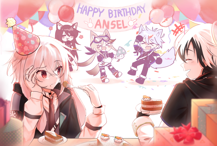 &gt;_&lt; 2girls 3boys :d =_= adnachiel_(arknights) animal_ears ansel_(arknights) arknights brown_hair cardigan_(arknights) cat_ears cat_girl closed_eyes closed_mouth commentary dog_ears dog_girl dog_tail english_commentary fork fox_boy fox_ears fox_tail goggles goggles_on_head happy_birthday hat highres holding holding_fork long_sleeves melantha_(arknights) multiple_boys multiple_girls open_mouth party_hat pink_hair puffy_long_sleeves puffy_sleeves rabbit_boy rabbit_ears red_eyes rinzy short_hair smile steward_(arknights) tail white_hair