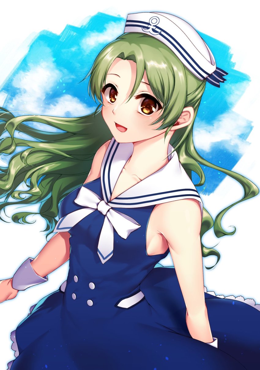 1girl blue_dress brown_eyes character_request collarbone dress floating_hair green_hair hair_between_eyes hair_intakes hat highres long_hair neck_ribbon ribbon sailor_collar sailor_dress sleeveless sleeveless_dress solo standing white_hat white_ribbon white_sailor_collar wrist_cuffs yasuo_(torinikukani)