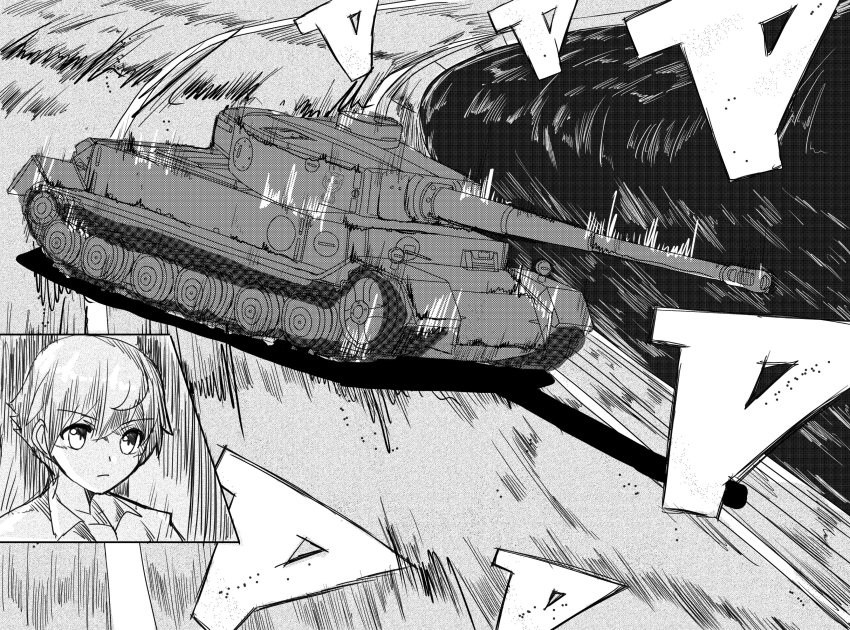 1girl 9s0ykoyama117 absurdres closed_mouth commentary drifting driving emblem frown girls_und_panzer greyscale highres initial_d leopon_(animal) military military_vehicle monochrome motion_blur motor_vehicle nakajima_(girls_und_panzer) road short_hair solo tank tiger_(p)