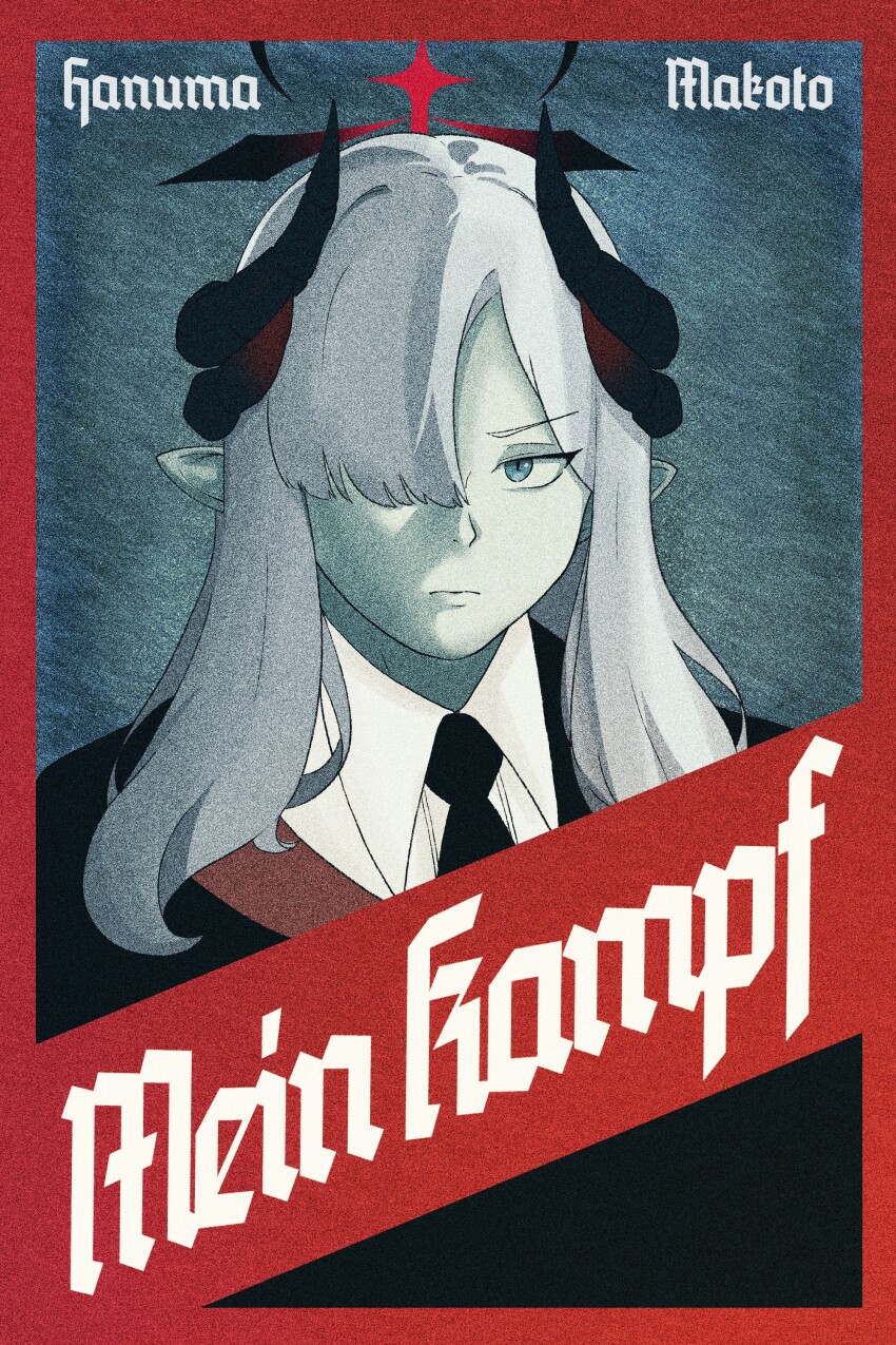 1girl absurdres adolf_hitler alternate_costume black_necktie blue_archive blue_eyes book cover cover_page demon_horns formal_clothes german_text grey_background halo highres horns hrna looking_at_viewer makoto_(blue_archive) mein_kampf necktie parody pointy_ears red_halo suit white_hair