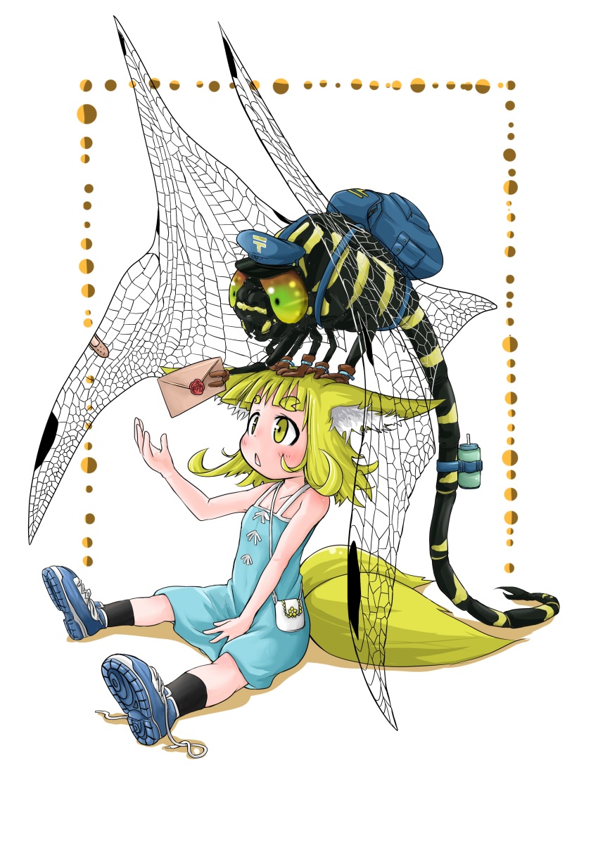 :o absurdres animal animal_ears animal_in_clothes backpack bag bandaid bandaid_on_wing bare_shoulders black_legwear blonde_hair blue_dress blue_footwear bug child doitsuken dragonfly dragonfly_wings dress fox_ears fox_tail hat highres holding holding_letter insect letter mailman multiple_tails original outstretched_arm oversized_animal shoes short_hair tail thick_eyebrows torii two_tails untied_shoelaces yellow_eyes