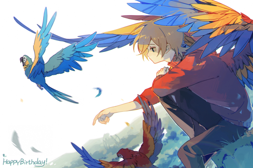 1boy bird bird_boy bird_wings blue-and-yellow_macaw brown_hair commentary english_commentary english_text feathered_wings grass grian_(youtuber) happy_birthday hermitcraft luminous_slime macaw male_focus minecraft_youtube pants parrot parrot_boy profile red_sweater red_wings scarlet_macaw short_hair simple_background sitting solo sweater turtleneck turtleneck_sweater white_background wings