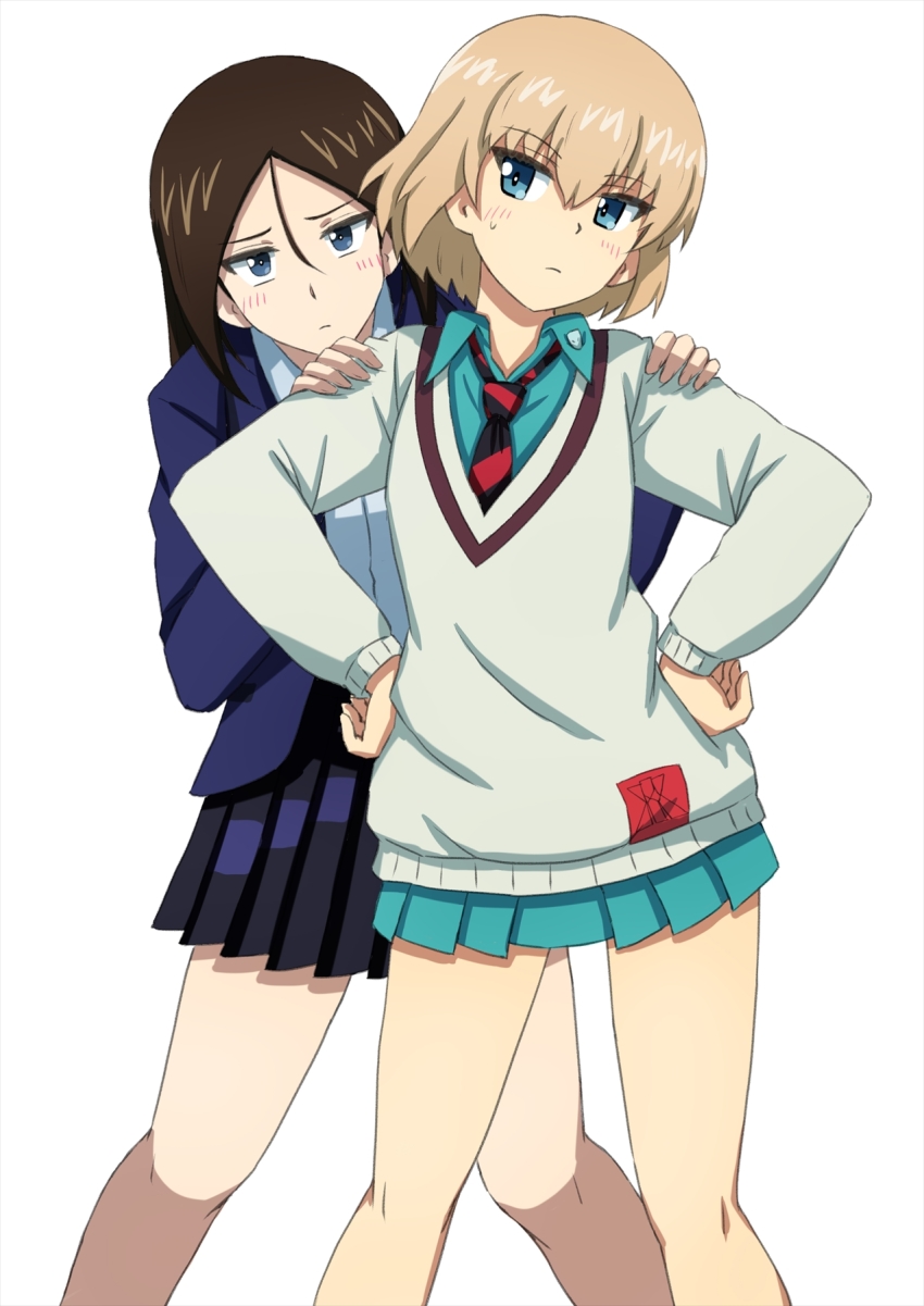 2girls amate_yuzuriha amate_yuzuriha_(cosplay) behind_another blazer blonde_hair blue_eyes blue_jacket blue_skirt blush bob_cut brown_hair closed_mouth collared_shirt commentary cosplay dress_shirt feet_out_of_frame frown girls_und_panzer green_shirt green_skirt gundam gundam_gquuuuuux hair_between_eyes hands_on_another&#039;s_shoulders hands_on_own_hips head_tilt hiding hiding_behind_another highres jacket jitome katyusha_(girls_und_panzer) legs_apart long_hair long_sleeves looking_at_another looking_at_viewer miniskirt multiple_girls necktie nonna_(girls_und_panzer) nyaan_(gundam_gquuuuuux) nyaan_(gundam_gquuuuuux)_(cosplay) omachi_(slabco) pleated_skirt red_necktie school_uniform shirt short_hair simple_background skirt standing sweatdrop sweater v-neck white_background white_shirt white_sweater wing_collar