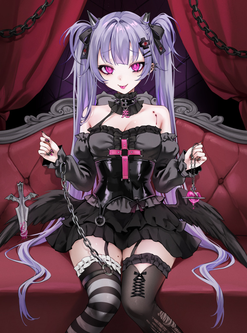1girl asymmetrical_legwear bare_shoulders black_bow black_dress black_nails blush bow breasts chain couch detached_collar detached_sleeves dress feathered_wings garter_straps hair_bow highres horns long_hair looking_at_viewer low_wings medium_breasts nail_polish ompf original piercing pink_eyes purple_hair sitting smile solo tongue tongue_out twintails wings