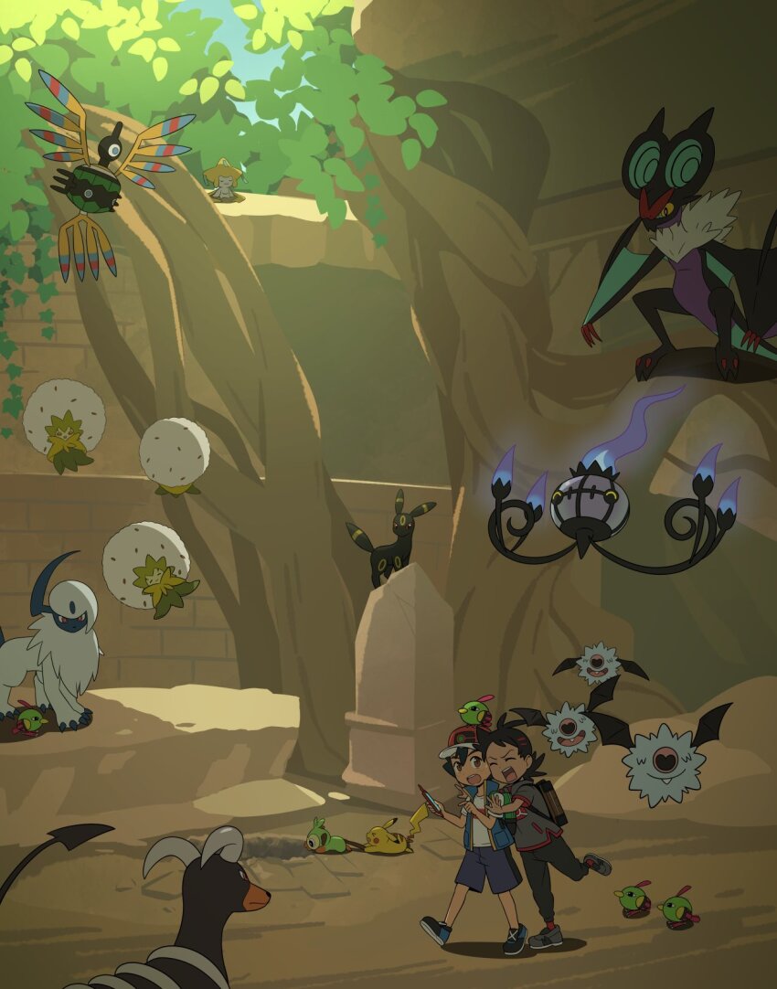 2boys absol ash_ketchum backpack bag black_hair black_pants blue_vest brown_bag chandelure commentary_request day eldegoss gen_1_pokemon gen_2_pokemon gen_3_pokemon gen_5_pokemon gen_6_pokemon gen_8_pokemon goh_(pokemon) grey_footwear grey_shirt grookey hat highres holding houndoom jirachi legendary_pokemon male_focus multiple_boys mythical_pokemon natu nintendo noivern on_head open_mouth outdoors pants pikachu pokemon pokemon_(anime) pokemon_(creature) pokemon_journeys pokemon_on_head red_hat shirt shoes short_sleeves shorts shuan_0420 sigilyph socks standing teeth umbreon upper_teeth_only vest white_shirt woobat