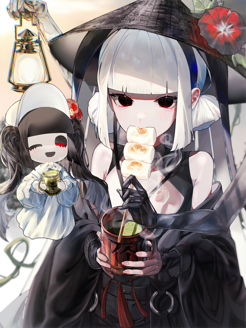 1girl absurdres bare_shoulders black_dress black_eyes blunt_bangs breasts character_doll cup dress fate/grand_order fate_(series) food ghost_hands grey_hair hat highres huo_ting jingasa komahime_(fate) lamp lantern long_sleeves looking_at_viewer low_twintails marshmallow sen_no_rikyu_(fate) short_hair short_twintails small_breasts solo twintails white_hair wide_sleeves