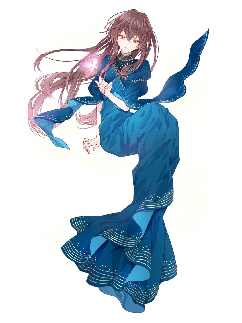 1girl anna_sehnsucht blue_dress brown_hair dairoku_ryouhei dress full_body hand_up highres long_hair mikuni_(tw) smile yellow_eyes