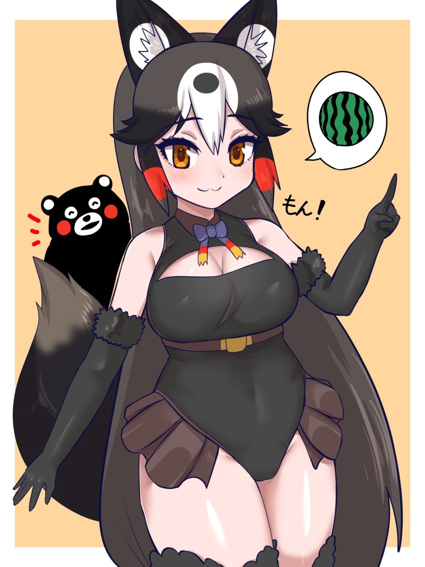 1girl :3 alternate_costume animal_ears aramaru black_fur black_gloves black_hair black_leotard black_thighhighs blue_bow blue_bowtie blush bow bowtie collared_leotard commentary_request cosplay elbow_gloves extra_ears food fox_ears fox_girl fox_tail frilled_leotard frills fruit fur_trim gloves highres higumamon_(kemono_friends) higumamon_(kemono_friends)_(cosplay) kemono_friends kumamon leotard multicolored_hair orange_eyes red_hair sidelocks silver_fox_(kemono_friends) tail thighhighs translation_request watermelon white_hair zettai_ryouiki