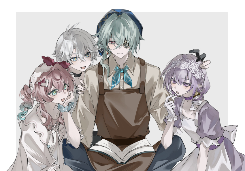 2boys 2girls alternate_hairstyle anaxa_(honkai:_star_rail) apron aqua_hair blue_hat castorice_(honkai:_star_rail) casual closed_mouth gradient_hair grey_hair hat highres honkai:_star_rail honkai_(series) hyacine_(honkai:_star_rail) medium_hair multicolored_hair multiple_boys multiple_girls open_mouth phainon_(honkai:_star_rail) purple_hair short_hair sitting smile thorn72132528 twintails white_apron