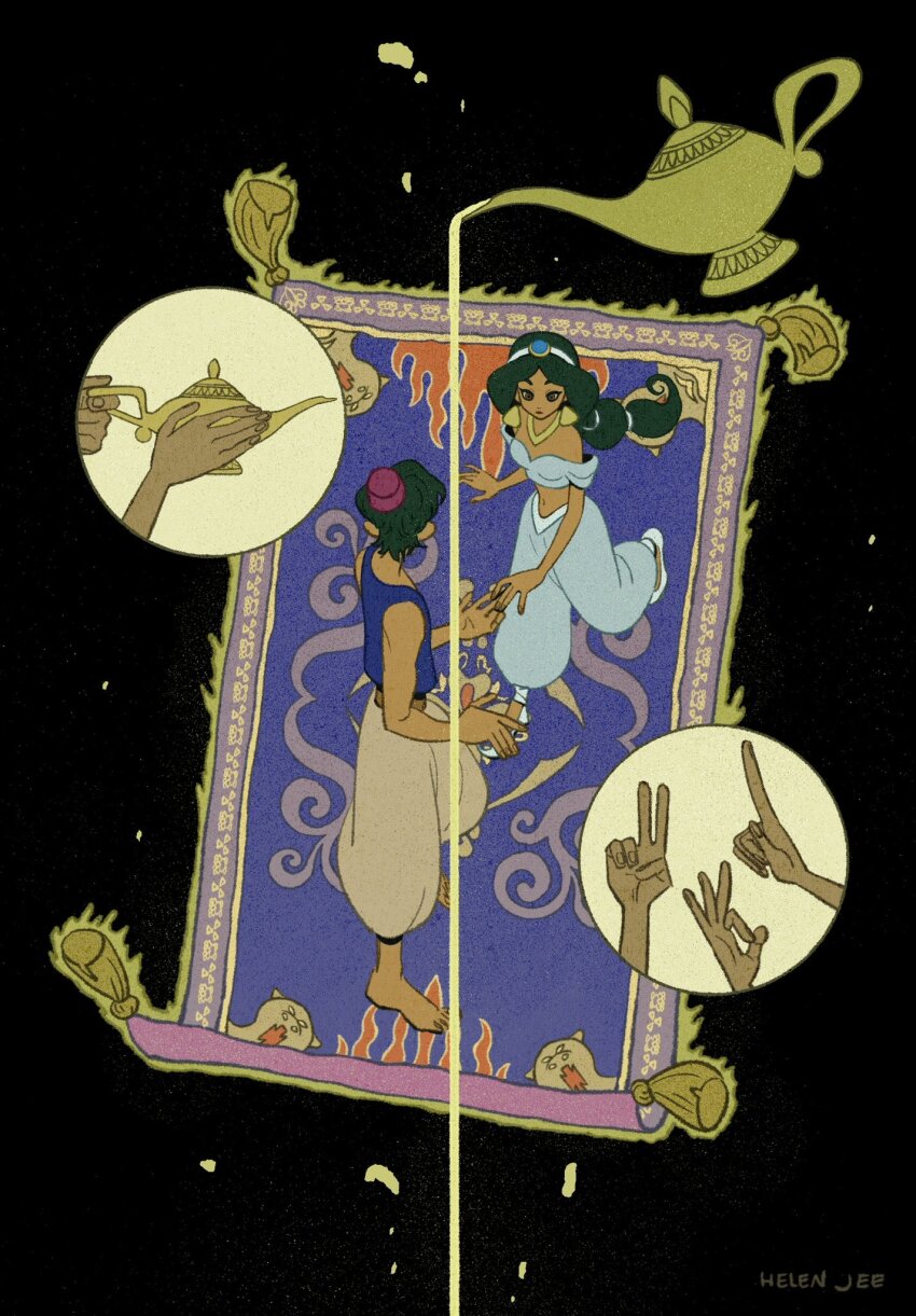 1boy 1girl aladdin_(disney) aladdin_(movie) artist_name baggy_pants bare_shoulders barefoot black_background black_hair blue_gemstone blue_hairband blue_pants blue_shirt blue_shoes blue_vest breasts couple crop_top dark-skinned_female dark-skinned_male dark_skin earrings fez_hat full_body gem gold_earrings gold_necklace grey_pants hairband harem_pants hat helen_jee hetero highres holding_hands jasmine_(disney) jewelry long_hair magic_carpet medium_breasts multi-tied_hair necklace off-shoulder_shirt off_shoulder oil_lamp pants parted_bangs princess red_hat shirt shoes short_hair tan vest