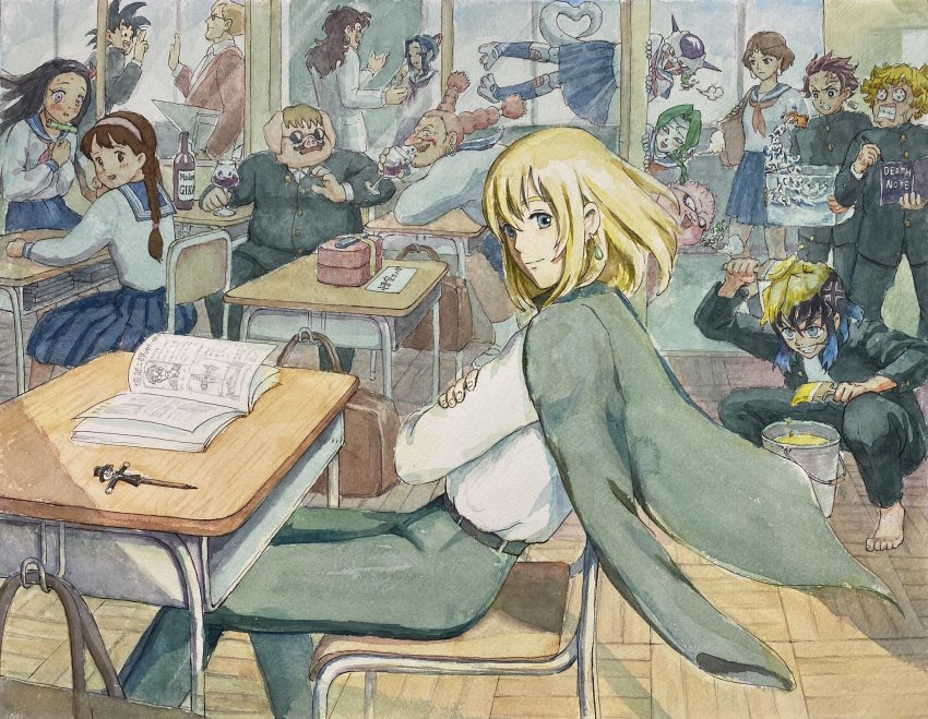 1st_form_frieza agatsuma_zenitsu alcohol anger_vein animal_ears bag bamboo barefoot black_hair blonde_hair blue_eyes blue_hair bottle braid brown_eyes brown_hair bucket chair circlet clenched_teeth commentary_request crossed_arms crossover cup death_note death_note_(object) desk dodoria dola_(laputa) dragon_ball dragonball_z drinking_glass earrings facial_hair fish fish_tank frieza gag gag_around_neck gakuran genderswap genderswap_(mtf) goldfish green_hair grin hairband hammar_dobucof hashibira_inosuke heart heart_tail high-waist_pants highres horns howl_(howl_no_ugoku_shiro) howl_no_ugoku_shiro jacket jacket_on_shoulders jealous jewelry kakashi_no_kabu kamado_nezuko kamado_tanjirou kimetsu_no_yaiba kochou_shinobu kurenai_no_buta medium_hair mononoke_hime multicolored_hair multiple_crossover muska mustache notebook old old_woman paint paintbrush painting_(medium) pants pencil pig_ears pig_snout pink_eyes pink_hair porco_rosso_(character) red_hair san_(mononoke_hime) scar scar_on_face scar_on_forehead school_bag school_chair school_desk school_uniform serafuku sheeta single_braid smile son_goku studio_ghibli sunglasses tail teeth tenkuu_no_shiro_laputa traditional_media twin_braids two-tone_hair ungagged unworn_gag watercolor_(medium) window wine wine_bottle wine_glass yamcha zarbon