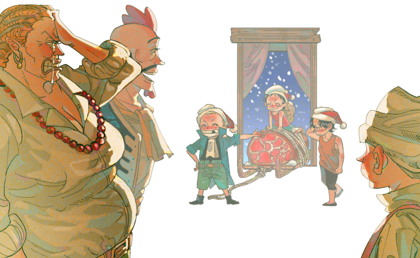 1girl 5boys ^_^ aged_down ascot black_hair blue_coat blush brothers child closed_eyes coat commentary_request curly_dadan dogra earrings food hat highres jewelry magra meat missing_tooth monkey_d._luffy multiple_boys necklace one_piece orange_hair pearl_necklace portgas_d._ace sabo_(one_piece) santa_hat scar scar_on_face shirt siblings smile snow snowing straw_hat tank_top tears tio7tio8 white_shirt