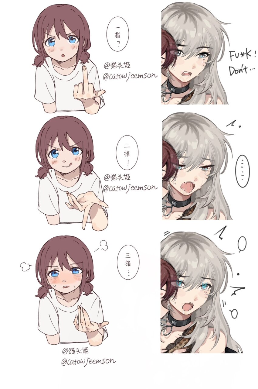 black_choker blue_eyes blush brown_hair catowjeemson choker collarbone commentary fang fingering_gesture girls_band_cry grey_eyes grey_hair hair_between_eyes heart heart-shaped_pupils highres implied_fingering iseri_nina kawaragi_momoka long_hair low_twintails middle_finger multicolored_hair open_mouth puff_of_air roots_(hair) saliva shirt short_hair short_sleeves short_twintails sidelocks simple_background sweat symbol-shaped_pupils teeth translation_request twintails white_background white_shirt yuri