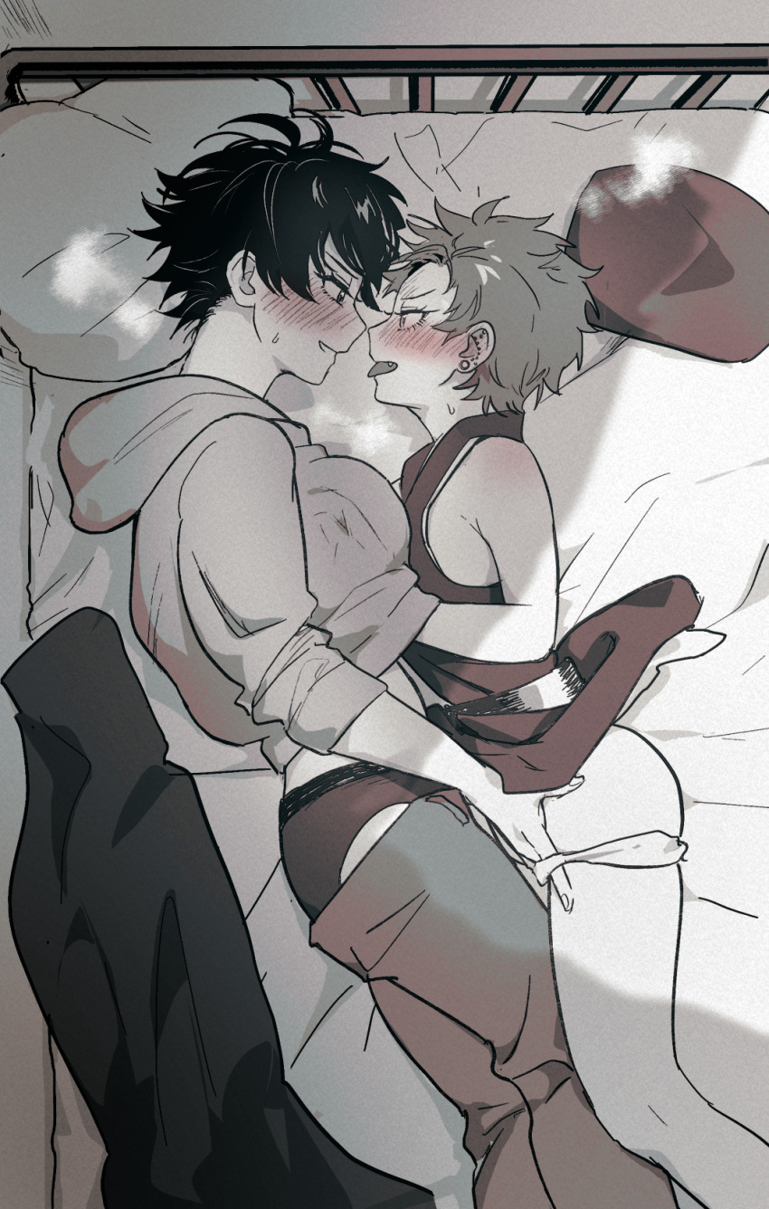 2girls after_kiss armpit_crease ass bed_frame bed_sheet blanket blush breasts breath clothes_lift clothes_pull curtained_hair ear_blush ear_piercing earrings eye_contact eyelashes fang feet_out_of_frame film_grain forehead_blush from_above from_side genderswap genderswap_(mtf) groping hair_between_eyes hand_under_clothes hand_under_shirt harai_kuko heavy_breathing highres hood hood_down hoodie hypnosis_mic imminent_kiss japanese_clothes jewelry kimono large_breasts long_eyelashes looking_at_another lying monochrome multiple_girls multiple_piercings nbnekochan on_bed on_side open_mouth panties pants pants_pull panty_pull parted_lips piercing pillow plug_(piercing) shade shirt shirt_lift short_hair sleeveless sleeveless_kimono sleeves_pushed_up small_breasts smile spiked_hair sports_panties sweatpants tongue tongue_out underwear undressing_another v-shaped_eyebrows yamada_ichiro yuri