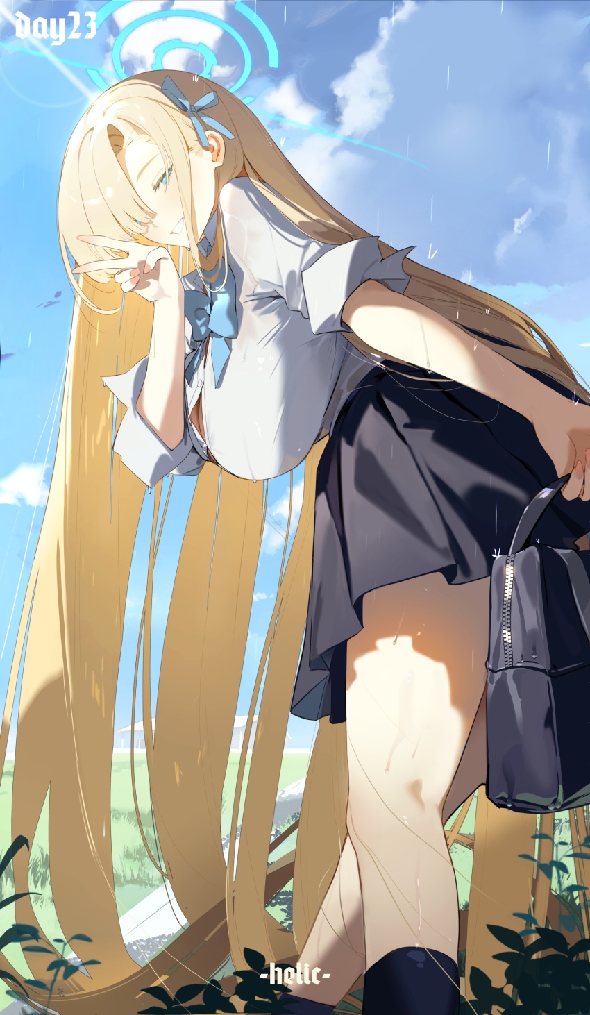 1girl absurdres artist_name asuna_(blue_archive) black_skirt blonde_hair blue_archive blue_bow blue_eyes blue_halo blue_ribbon bow breasts button_gap cloud cloudy_sky collared_shirt grass hair_over_one_eye hair_ribbon halo helic_(7317helic) highres kneehighs large_breasts long_hair looking_at_viewer outdoors plant ribbon sagging_breasts school_uniform shirt skirt sky sleeves_rolled_up socks solo standing taut_clothes taut_shirt thighs v very_long_hair