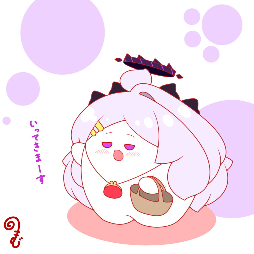 :d ahoge bag blue_archive blush chibi coin_purse colored_shadow grey_hair hair_ornament hairclip halo highres hina_(blue_archive) holding holding_bag horns kurukurumagical long_hair open_mouth parted_bangs purple_eyes shadow single_hair_intake smile solo translation_request very_long_hair white_background