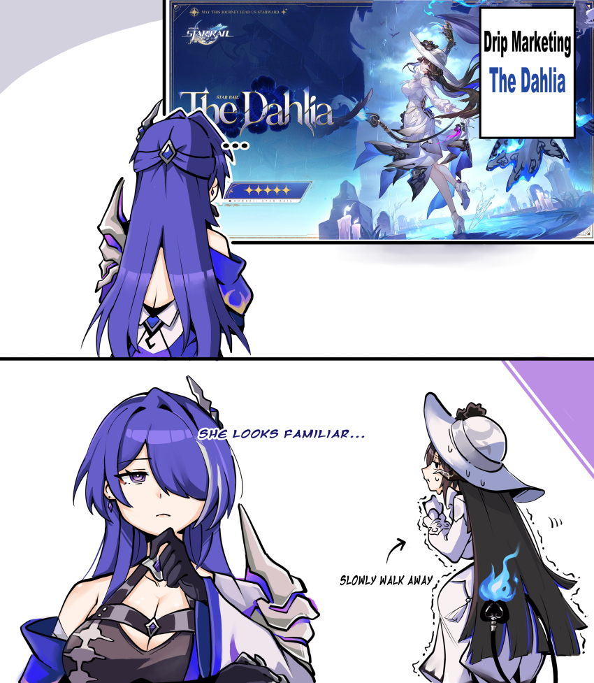 ... 2girls absurdres acheron_(honkai:_star_rail) arrow_(symbol) black_hair blue_fire bossjob3 breasts candle cleavage commentary constance_(honkai:_star_rail) crop_top dress english_commentary english_text fire flower gloves hair_ornament hair_over_one_eye hair_spread_out hat hat_flower high_heels highres honkai:_star_rail honkai_(series) horns jacket large_breasts multiple_girls official_art_inset open_clothes open_jacket purple_hair shaking single_bare_shoulder sun_hat sweatdrop tail tombstone white_dress