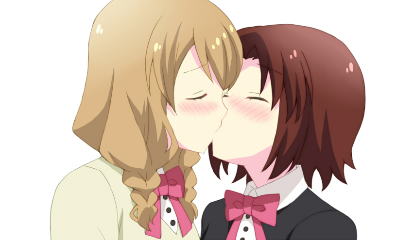 2girls aged_down blonde_hair blush bow bowtie braid brown_hair closed_eyes derivative_work female_focus karasuma_sakura kin-iro_mosaic kiss kuzehashi_akari long_hair ma_tsukasa multiple_girls parody red_bow red_bowtie sakura_trick school_uniform shirt short_hair simple_background style_parody twin_braids upper_body vector_trace white_background wing_collar yuri