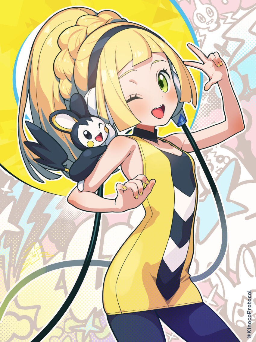 1girl alternate_costume blonde_hair cosplay elesa_(pokemon) elesa_(pokemon)_(cosplay) emolga gen_4_pokemon gen_5_pokemon gen_8_pokemon green_eyes highres kinocopro lillie_(pokemon) morpeko morpeko_(full) nail_polish nintendo pokemon pokemon_bw rotom rotom_(normal)