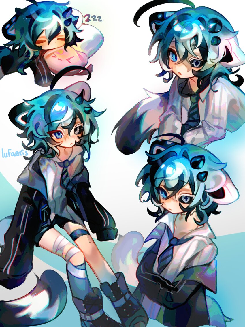 1boy absurdres ahoge animal_ears bandaged_leg bandages black_boots black_eyes black_jacket black_streaks blue_eyes blue_hair blue_necktie boots cat_boy cat_ears cat_tail closed_eyes closed_mouth cloud_(lufaeris) commentary commission crossed_bangs diagonal-striped_clothes diagonal-striped_necktie double-parted_bangs english_commentary hair_between_eyes heterochromia highres jacket long_sleeves looking_at_viewer male_focus multicolored_hair multiple_views necktie open_clothes open_jacket original shirt short_hair sleeping streaked_hair striped_clothes tail vgen_commission white_background white_shirt zzz