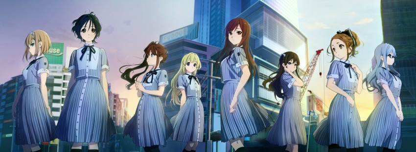 22/7 6+girls absurdres black-framed_eyewear black_hair black_pantyhose black_ribbon black_socks blonde_hair blue_eyes blue_hair bow braid brown_eyes brown_hair dress everyone feet_out_of_frame floating_hair fujima_sakura glasses green_eyes hair_bow hair_ornament high_ponytail highres horiguchi_yukiko kneehighs kono_miyako long_hair looking_at_viewer maruyama_akane multiple_girls neck_ribbon official_art one_side_up outdoors pantyhose ponytail purple_eyes red_eyes red_hair ribbon rikaisha saito_nicole sato_reika semi-rimless_eyewear short_hair short_sleeves side_ponytail sidelocks socks standing striped_clothes striped_dress tachikawa_ayaka takigawa_miu toda_jun under-rim_eyewear vertical-striped_clothes vertical-striped_dress