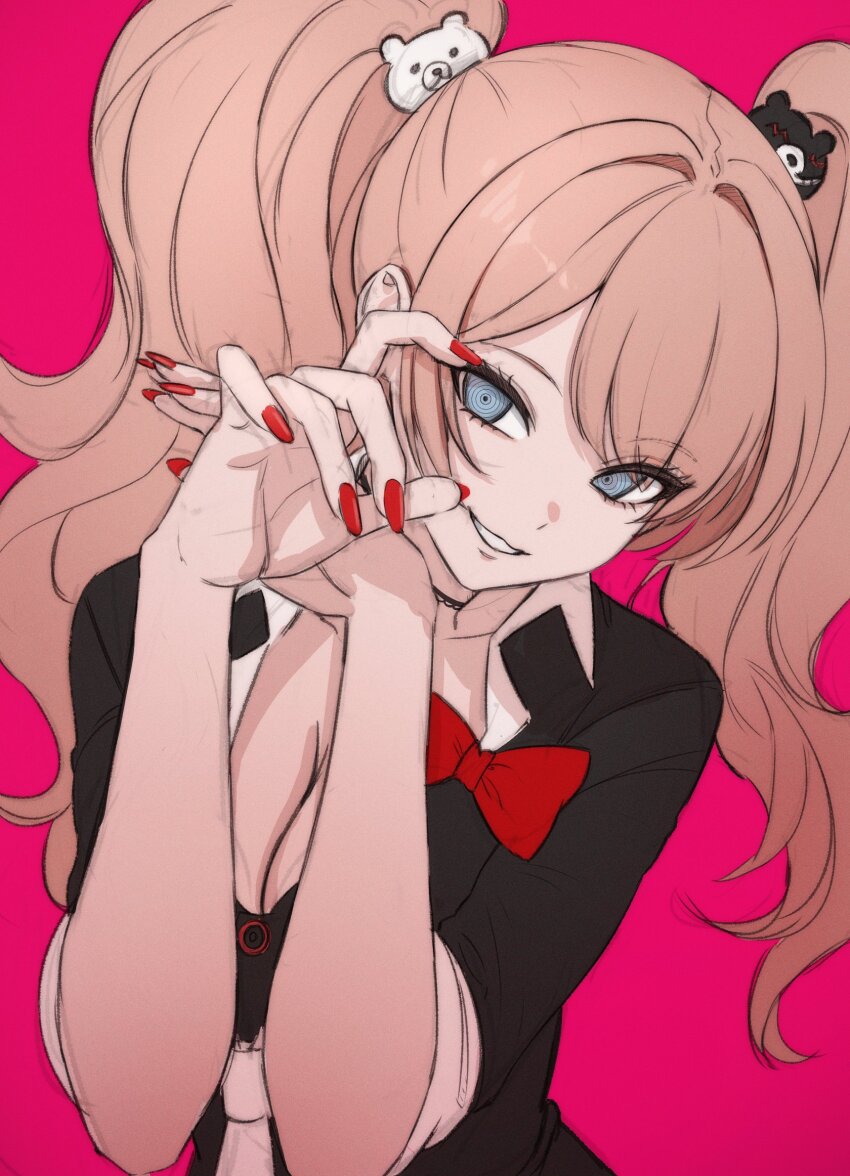 1girl aroma_da33 bear_hair_ornament black_shirt bow breasts cleavage danganronpa:_trigger_happy_havoc danganronpa_(series) enoshima_junko grey_eyes grin hair_ornament hands_up highres large_breasts long_hair necktie pink_background red_bow red_nails shirt short_sleeves simple_background smile solo teeth tiny_gesture twintails upper_body white_necktie white_shirt