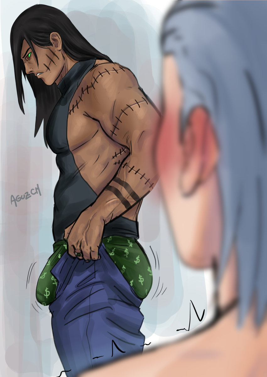 2boys absurdres aguzcm arm_tattoo ass bara bare_arms blush bouncing_ass bouncing_bulge bulge bulge_lift dark-skinned_male dark_skin denim dollar_sign dressing feet_out_of_frame from_side frown green_eyes green_male_underwear grey_hair hidan_(naruto) highres i&#039;ve_never_seen_a_guy_recreate_this_successfully_tbh_(meme) jeans kakuzu_(naruto) large_pectorals long_hair looking_down male_focus male_underwear meme motion_lines multiple_boys muscular muscular_male naruto_(series) naruto_shippuuden never_seen_a_guy_recreate_this_(meme) open_pants pants pants_lift pectorals print_male_underwear sidepec solo_focus standing stitches tattoo undersized_clothes underwear veins veiny_arms yaoi